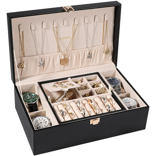 LANDICI Jewelry Box Organizer for Men Women, 2 Layer 4 Slot Watch Storage Case with Removable Tray, PU Leather Large Jewellery Holder Display for Watches Sunglasses Rings Earrings Necklace, Black
