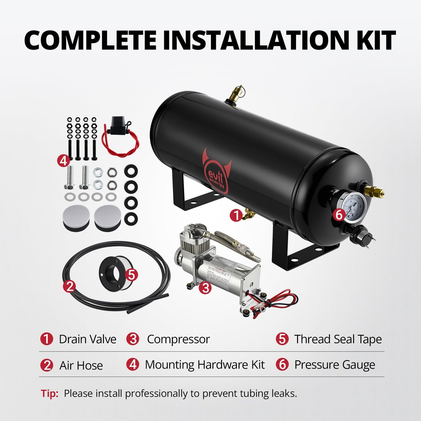 EVIL ENERGY 1.5 Gallon Air Compressor and Tank Kit 6 Ports 1/4" NPT 150 PSI Rated 12V Air Tank Compressor for Truck, Air Horn, Inflating Tires, Suspension Systems, Train Horn, DIY Pneumatic Tools