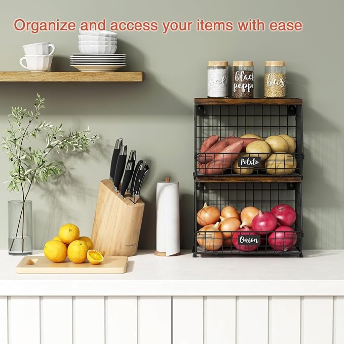 Goozii Hanging Wall Fruit Basket for Kitchen Counter 2 Pack, Stackable Wire Baskets for Organizing with Wood Lid, Potato and Onion Storage Bin with Banana Hook for Vegetable Produce, Black + Rustic