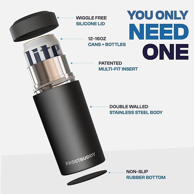 Frost Buddy Universal Can Cooler - Fits all - Stainless Steel Can Cooler for 12 oz & 16 oz Regular or Slim Cans & Bottles - Stainless Steel (Gumdrop)