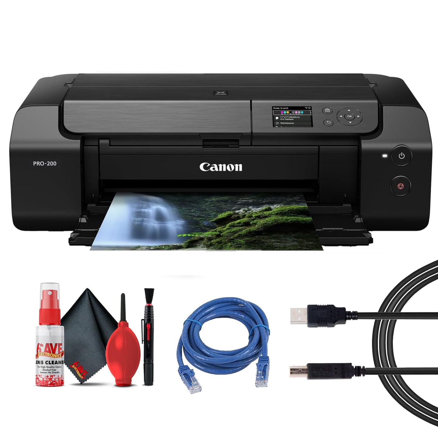 Canon PIXMA PRO-200 Wireless Inkjet Photo Printer | 13x19 Borderless Printing | 8-Color Dye Ink | Fast A3+ Output | Compact for Photographers & Artists (4280C002) + Printer Cable + Ethernet Cable