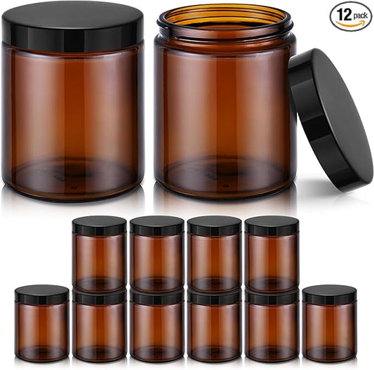8 oz Amber Glass Jars with Lids, 12 Pack Amber Small Glass Jars with Black Lids, Lotion Container Empty Cosmetic Travel Containers for Sample, Cream, Lotion, Honey, Powder