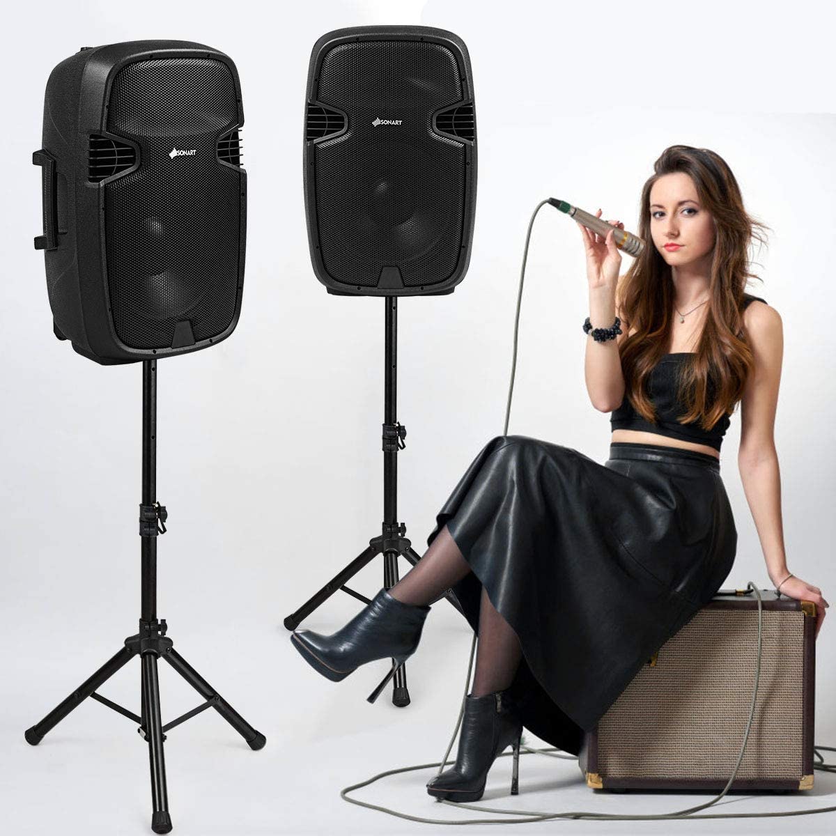 GOFLAME Portable 15" PA Speaker System Set, 3000W 2-Way Loudspeaker with Active + Passive Speaker, High Powered DJ Speaker with Bluetooth, USB/SD Card Reader, Stands, Microphone, Remote