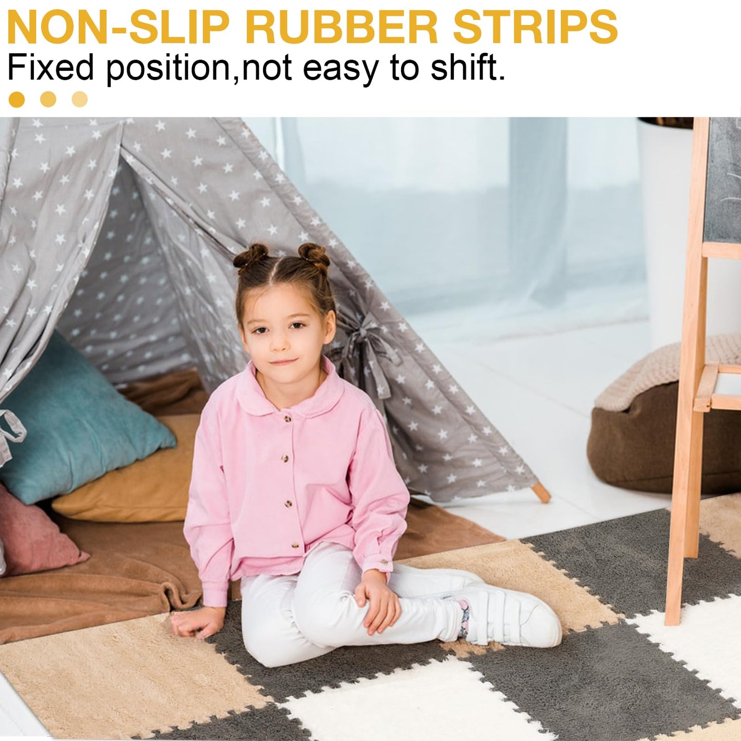 12 Pcs Plush Interlocking Carpet Tiles，Non-Toxic Foam Carpet Tiles for Toddler Baby，Machine-Washable，Anti-Slip，EVA Foam Interlocking Tiles for Floor, Nursery, Grey White Light Brown
