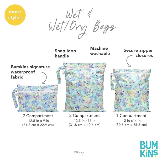 Bumkins Disney Waterproof Wet Bag for Baby, Travel, Swim Suit, Cloth Diapers, Pump Parts, Pool, Beach, Gym Clothes, Toiletry, Hook to Stroller, Daycare, Zipper Reusable Wetdry, Mickey and Friends Blue