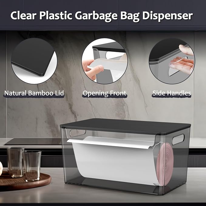 2 Pack Trash Bag Holder Under Sink Stackable, Plastic Garbage Bag Dispenser with Lid, Trash Bag Storage Dispenser Roll Holder for Kitchen, Pantry, Laundry Room Organization (Black)
