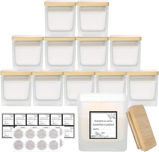 CONNOO 12 Pack 9 OZ Frosted Square Candle Jars for Making Candles, Thick Glass Bulk Empty Candle Containers with Airtight Bamboo Lids for Candle Making, Sticky Warning Labels - Dishwasher Safe