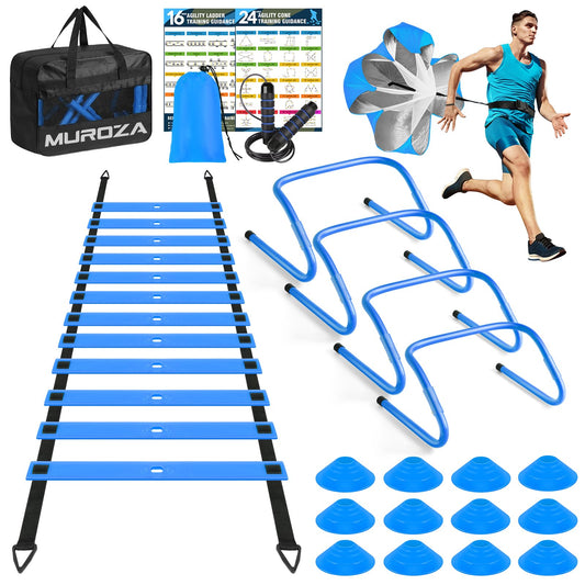 MUROZA Agility Ladder Speed Training Equipment Set-20ft Agility Ladder,12 Soccer Cones,4 Hurdles, Jump Rope, Running Parachute, Basketball Football Soccer Training Equipment for Kids, Youth, Adults