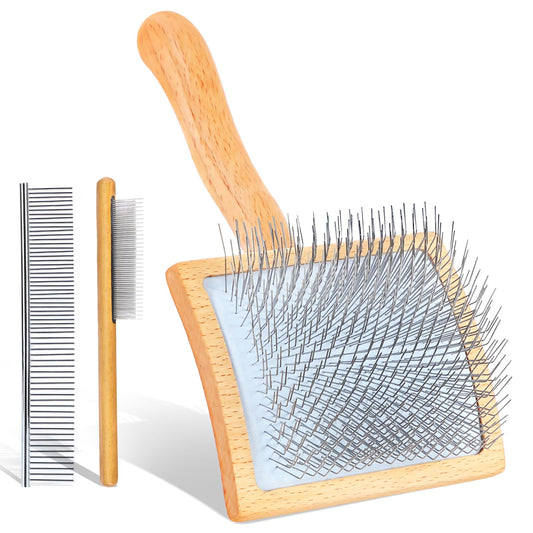 COZYGIFT Large Dog Brush for Medium or Long Haired Dogs, Long Pin Slicker Brush for Removes Loose Hair, Tangles and Knots, Best Grooming Brush for Small Animals, Free Pet Comb, Wood