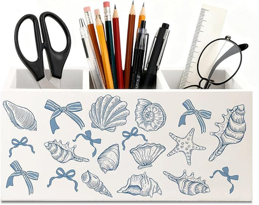 Coquette Blue Seashell Coastal Beach Wooden Utensils Holder, Preppy Nautical Beachy Sea Shell Wood Cooking Utensil Holder Organizer for Kitchen Countertop Counter Decor Accessories