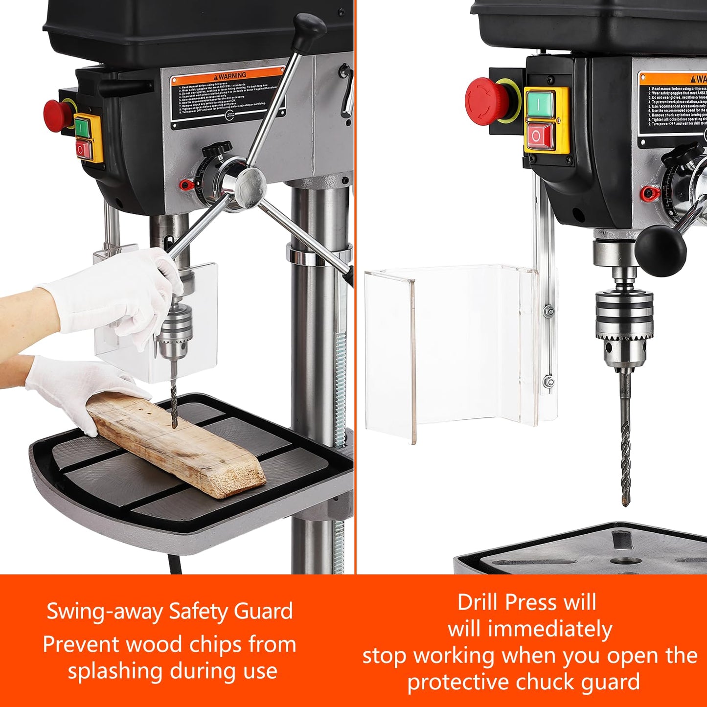 17 in Floor Drill Press with Swing-away Safety Guard, 12 Amp 120V Pure Copper Motor, 200-3630 RPM Variable Speed, 0-45° Tilting Worktable, Tabletop Drilling Machine for Wood Metal