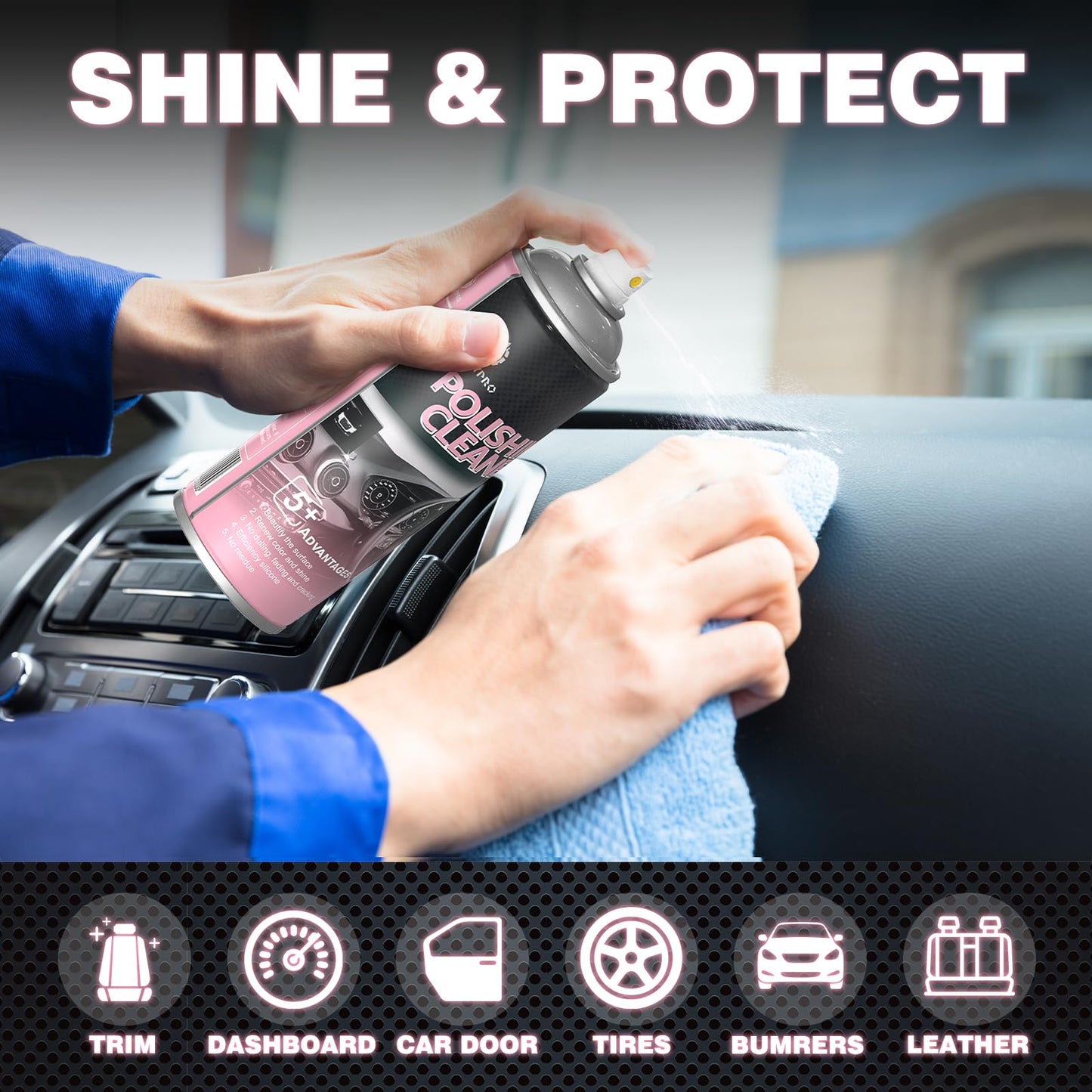 Car Interior Cleaner, Polishing Cleaner Detailer Spray for Vehicle Detailing, 450ml Aerosol 15 fl oz with Iron Can (2-Pack)