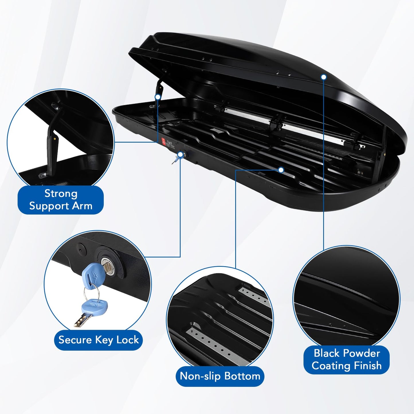 GarveeTech 70 Inch Rooftop Cargo Box Carrier, 17.7 Cubic Ft. Hard Shell Roof Rack Cargo Carrier with Security Keys, 165 Lbs Capacity Waterproof Rooftop Storage Box, Dual Side Opening (17.7 Cubic Ft.)