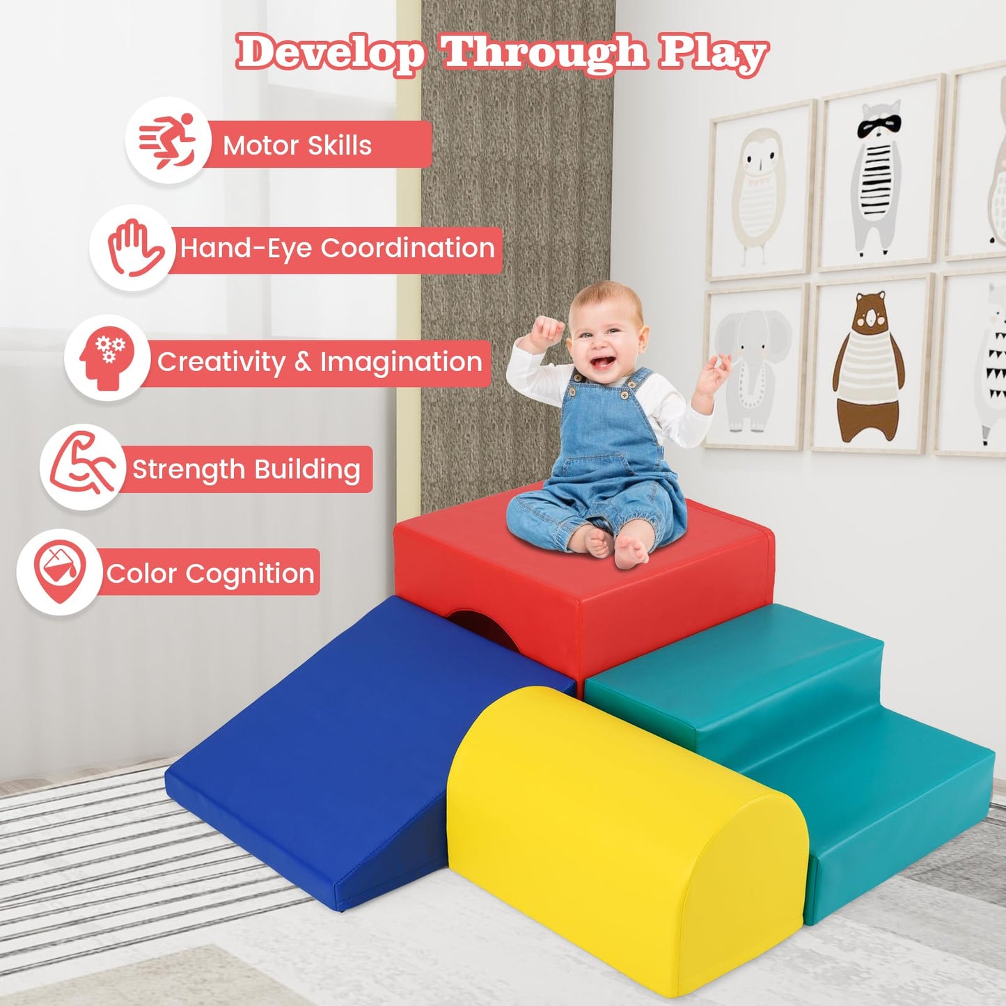 Costzon Climbing Toys for Toddlers, 4 PCS Single-Tunnel Foam Climber for Climbing, Crawling and Sliding, Lightweight Soft Play Blocks for Preschool Baby Boys Girls (Blue&Yellow&Red&Green)