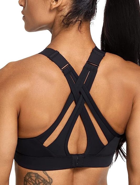 Yvette Sports Bra High Impact Adjustable Criss Cross Back, Full Support for Large Bust No Bounce,Black,S