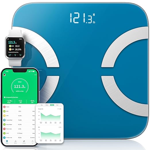 Smart Scale for Body Weight, Digital Bathroom Scale LED Display, BMI, Body Fat, Muscle Mass 18 Body Composition Monitor Health Analyzer Sync Fitness Apps (Blue)