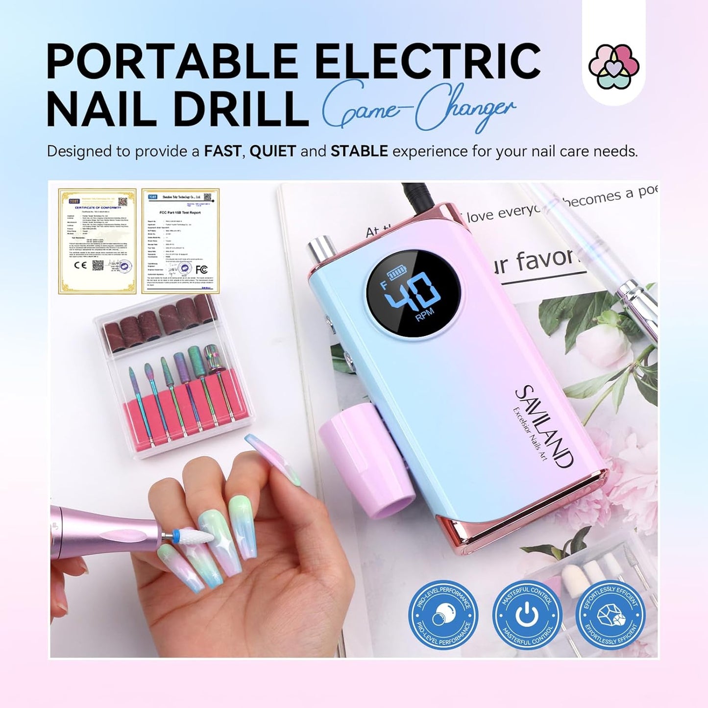 SAVILAND Nail Drill Professional: 40000RPM Electric Nail File 2024 Macaron Gradient Pink Nail Drill Machine for Faster Removel Acrylic Nail Salon at Home Use Manicure Pedicure Manicurist Good Choice