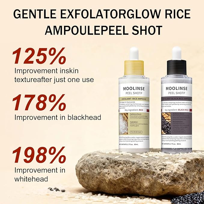 Peel Shot Glow Black and White Rice Peeling Ampoule, Soft Exfoliating Face and Body Scrub Dead Skin Cells Remover,Gentle Peel & Deep Hydration for All Skin Types (White+Black)