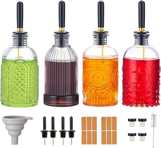 4pcs Glass Coffee Syrup Dispenser Bottles 7 OZ, Simple Syrup Bottles with Metal Pour Spout, Syrup Dispenser for Coffee Bar Accessories for Maple Honey Syrup Oil and Sauces