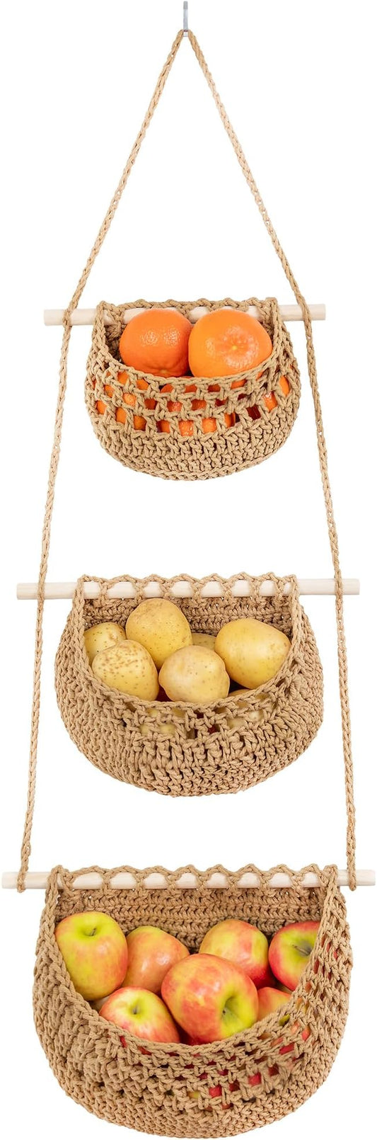 Cotton Hanging Fruit Basket, 3 Tier Woven Wall Basket, Hanging storage baskets for Kitchen and Bathroom, Macrame Wall Hanging, Boho Decor Over The Door Organizer, Brown