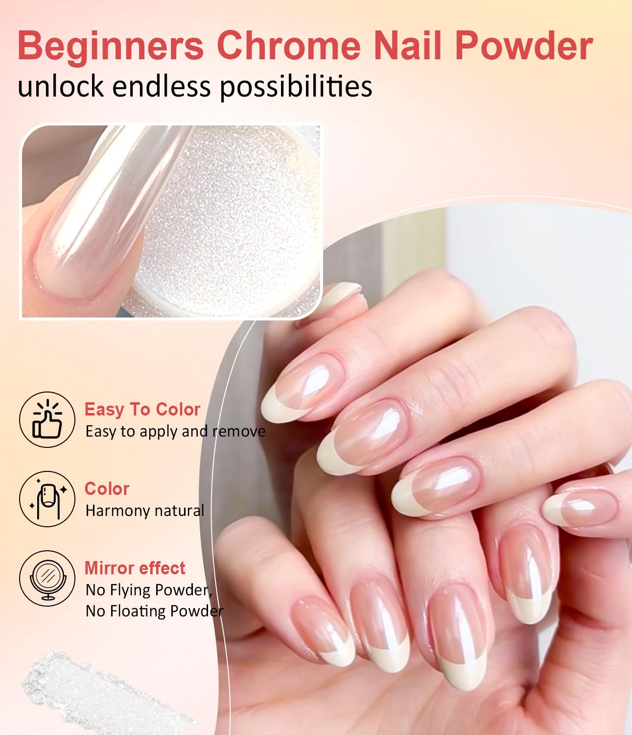Pearl Chrome Nail Powder BISHENGYF -【Metallic Mirror Effect】 Orange Chrome Nail Powder White Clear Aurora Mermaid Iridescent Chrome Powder for Nails Pigment Glitter Dust for Manicure Decroation DIY