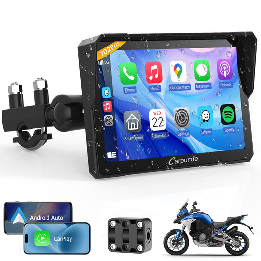 Carpuride W702PRO for Motorcycle CarPlay& Android Auto& Dual Bluetooth - 7" Waterproof GPS Navigation Screen for Motorbike, Music Sharing, Intercom, EQ, Light Sensor, Compass, Barometer