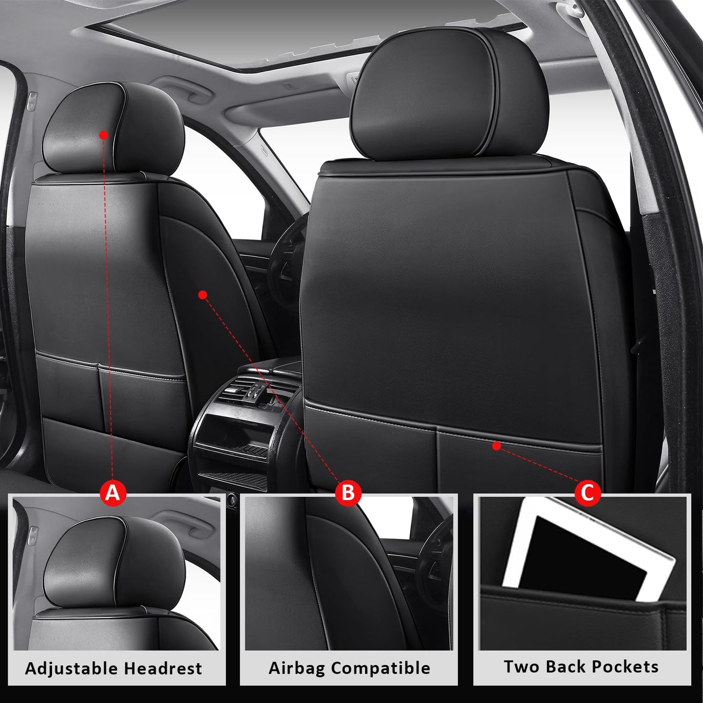 MIROZO Seat Covers Full Coverage,Waterproof Car Seat Covers Full Set Leather Car Seat Protector Automotive Seat Covers Universal Vehicle Cushion Cover Fit for Cars SUV Pick-up Truck(Black,Full Set)