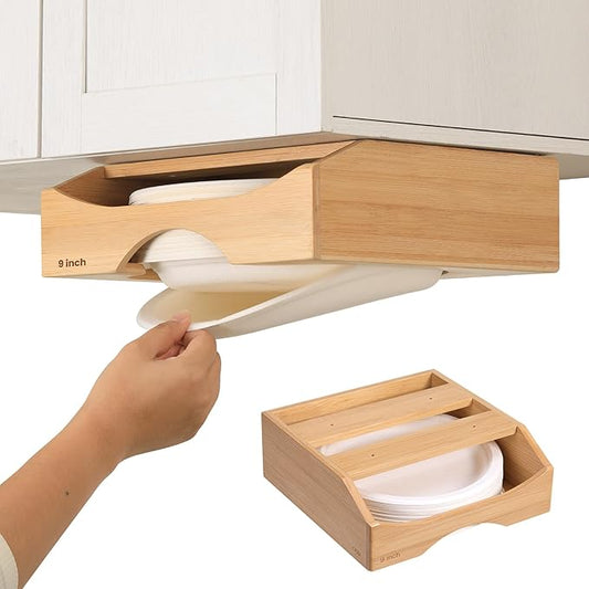 9-inch Paper Plate Dispenser Under Cabinet, Bamboo Paper Plate Holders, Kitchen Counter Vertical Plate Dispensers Holders Countertop Caddy(For 9-inch Plates, Bamboo)