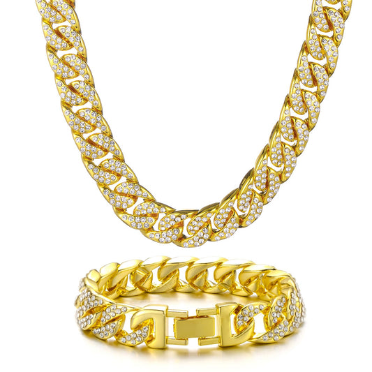 Gold Cuban Link Chain For Men Necklace Bracelet Jewelry Set Fake Diamond Iced Out Mens Bling Thick Necklaces Choker Chains (Gold-14mm,18inch)
