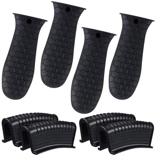 Patelai 8 Pcs Silicone Pot Holders Set Cast Iron Handle Cover Heat Resistant Pot Handle Covers Potholder Non Slip Reusable Pan Sleeve for Frying Pan Kitchen Supplies(Black)