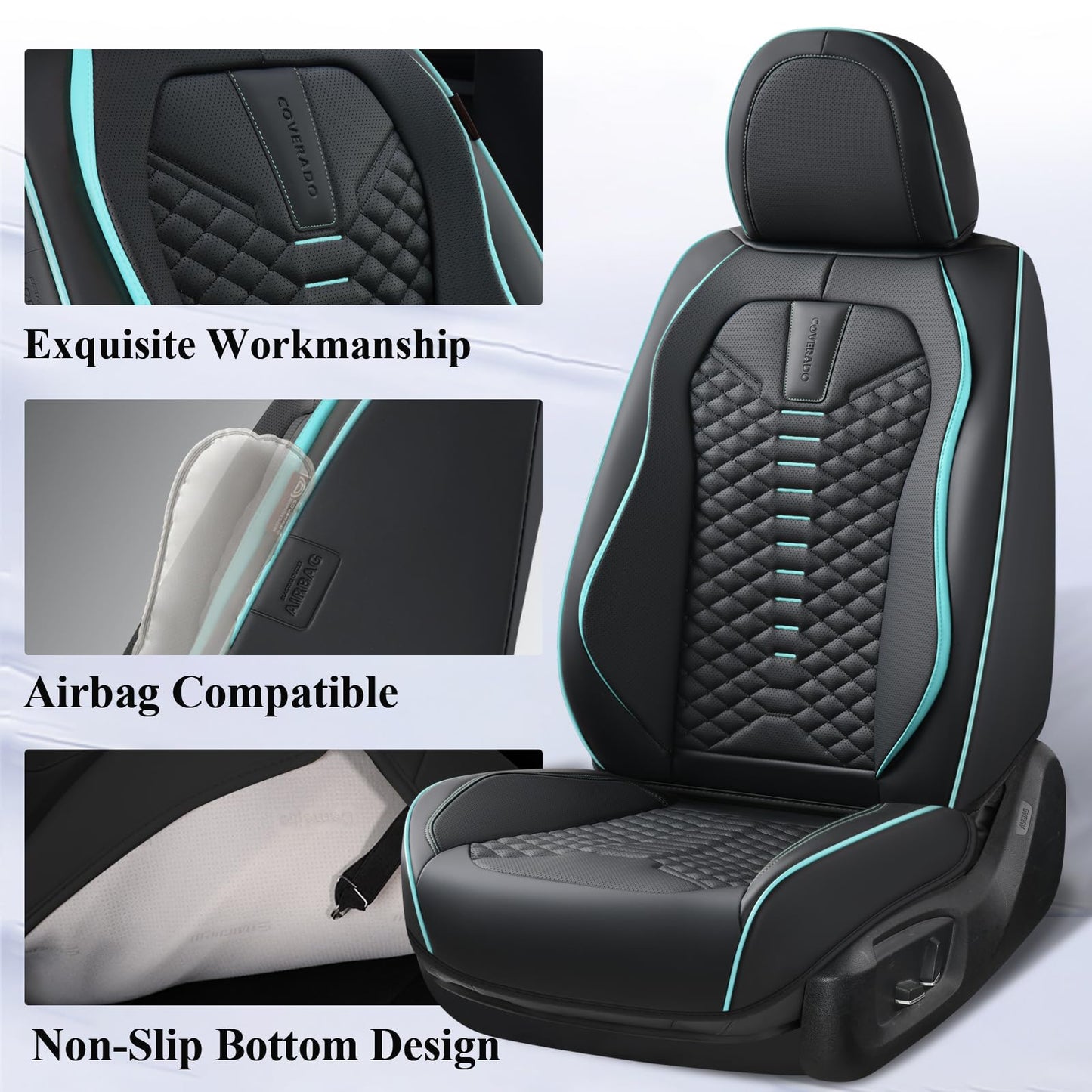 Coverado Leather Seat Covers, Car Seat Covers Full Set, Nappa Leather Seat Covers for Cars, Car Seat Protector Waterproof, Black Car Seat Cover, Universal Seat Cover Fit for Most Cars(Black&Blue)