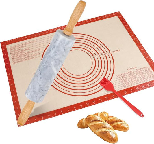3Pcs Marble Rolling Pin Sets,15Inch Marble Pastry Dough Roller with Wooden Handle,Silicone Mat,Cradle and Brush, Non Stick Surface Rolling Pins for Dough Cookie Baking Supplies Kitchen Accessories