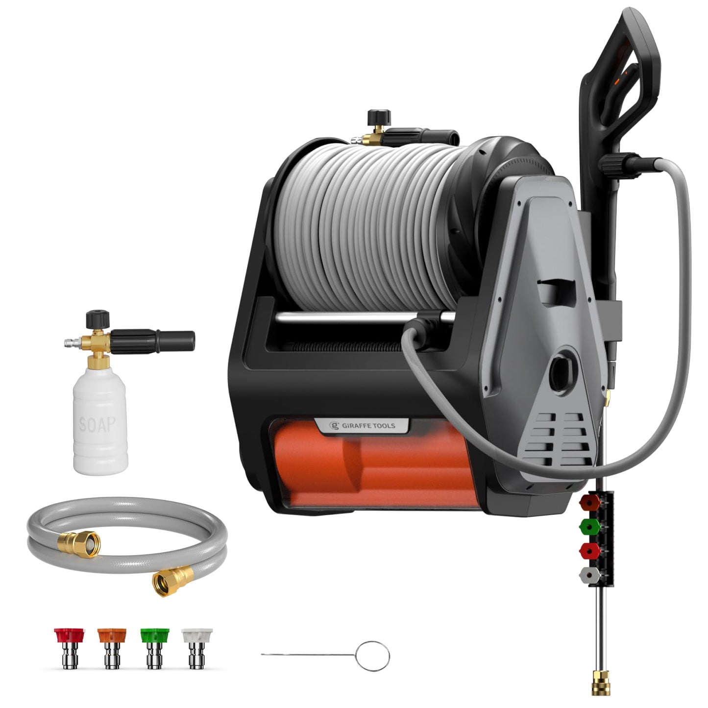 Giraffe Tools Grandfalls Pressure Washer Pro, Electric Wall Mount Power Washer with 100FT Retractable Pressure Hoses, 3700PSI, 1.6GPM, 4 Nozzles, Foam Cannon for Cars/Patios, Dark Silver