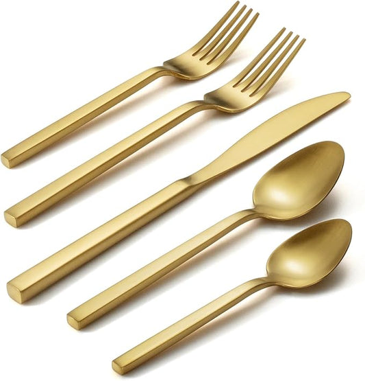 Alata Cube Matte Gold 40-Piece Flatware Set, Forged Cutlery Set, Service for 8, Stainless Steel Tableware with Square Handle for Home/Restaurant, Dishwasher Safe