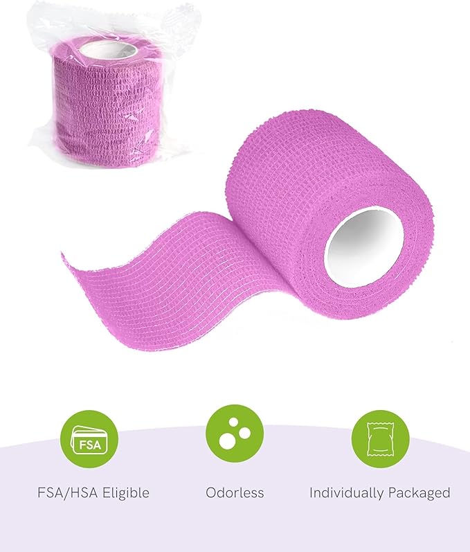 FriCARE Self Adhesive Bandage Wrap, Medical Tape in First Aid Kit, Cohesive Bandages for Wounds Sport Vet, FSA/HSA Eligible, 2 Inches X 5 Yards 6 Rolls, Fluorescent Purple