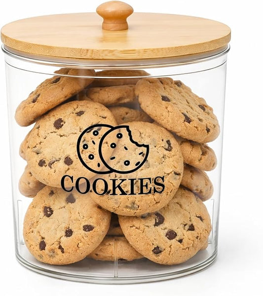 Cookie Jars with Wooden Lids Airtight, 2L Plastic Cookie Tin, Wide Mouth Candy Jar, Kitchen Counter Food Storage Container, Cute Jar for Gift Giving, BPA-Free, Round, Clear