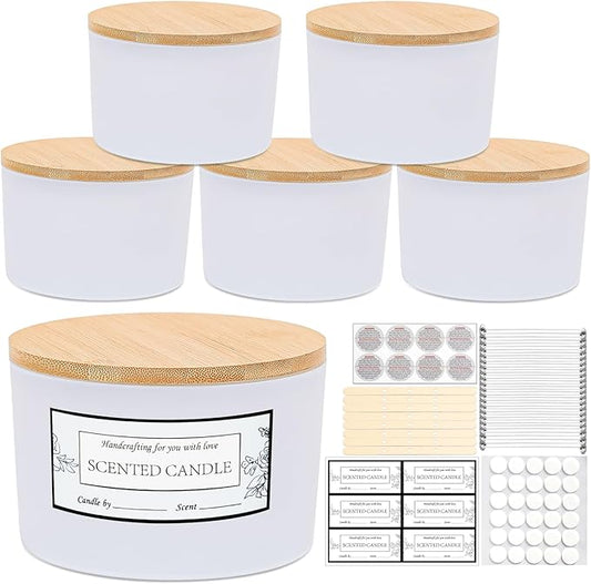 CONNOO 24oz Matte White Glass Candle Jars 6 Pack, Multi-Wick Wide Mouth Empty Bulk Candle Containers for Making Candles with Airtight Bamboo Lids, Sticky Warning Labels, Wick kit- Dishwasher Safe