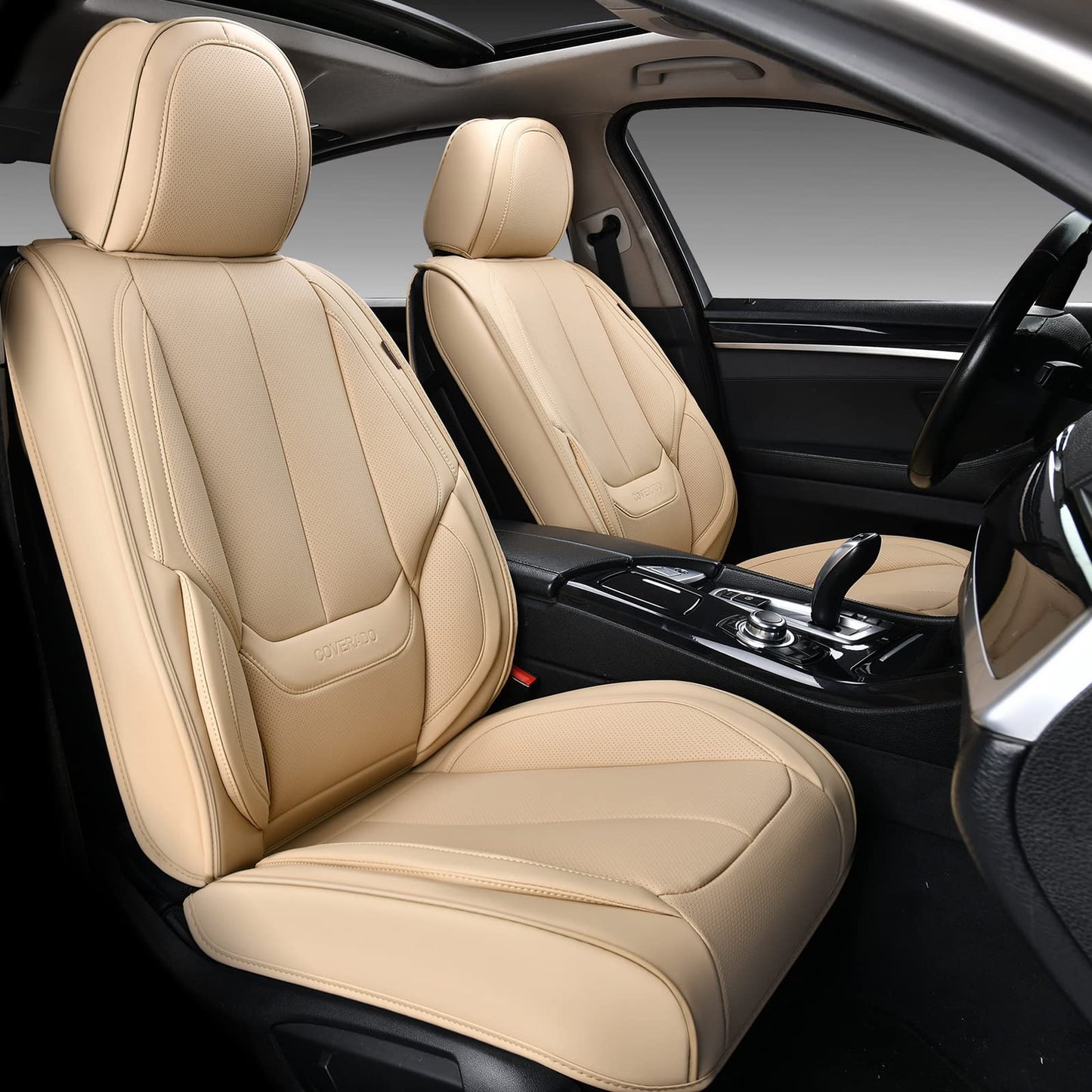 Coverado Front Seat Covers, 2 Pieces Universal Seat Covers for Cars, Waterproof Nappa Leather Sideless Auto Seat Protectors, Car Seat Cushions Universal Fit for Most Sedans SUV Pick-up Truck Beige