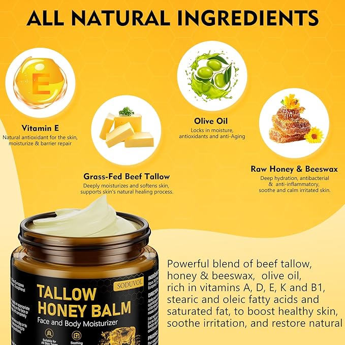Organic Beef Tallow for Skin, Face & Body Moisturizer, Whipped Tallow Honey Balm Cream with Raw Honey, Grass Fed Cow Beef Tallow, All Natural Pure Body Lotion for Soft Smooth Skin, Unscented 4.2 OZ