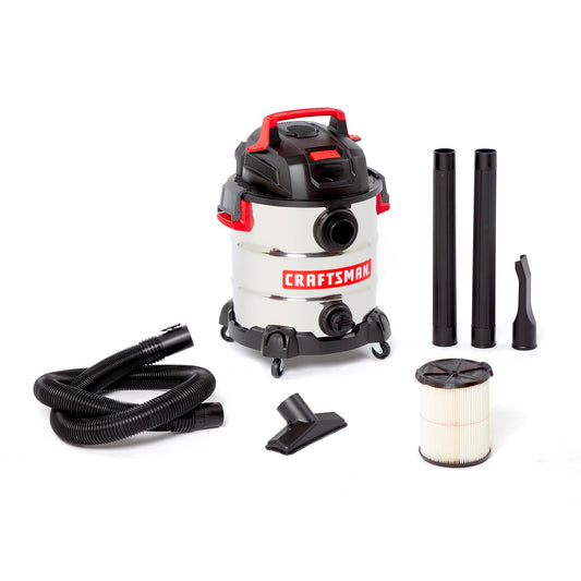 Craftsman CMXEVBE17155 10 Gallon 6.0 Peak HP Stainless Steel Wet Dry Vac, Portable Shop Vacuum Wet and Dry with Filter, Hose and Attachments for Home and Garage Use