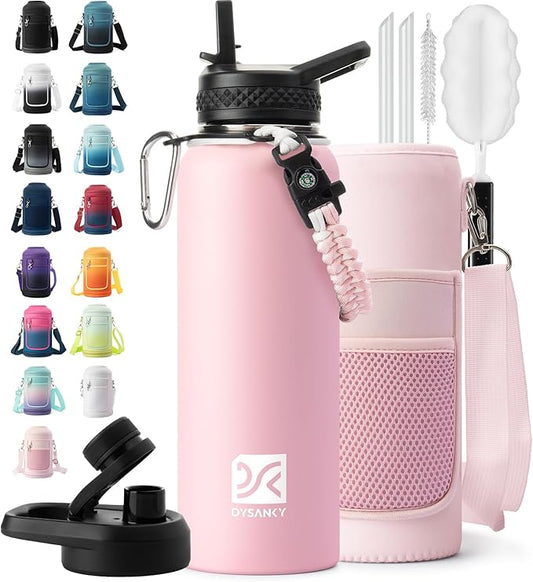 DYSANKY Insulated Water Bottle | Thickened Stainless Steel Vacuum Metal | Portable Sports Water Jug for Gym and Hiking with Straw, Carrier Bag, Handle Strap | BPA-Free 40 oz, Pink