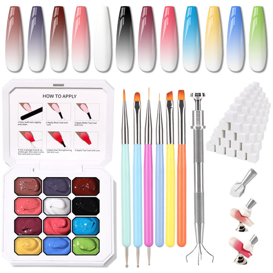 Sponge Pat Paint Nail Gel, Ombre Nails Gradient Gel Nail Blush Blooming Aura Nails Drawing Stripper Floral Painting DIY Nail Art, No Wipe, UV/LED Curing (12 Colors K)