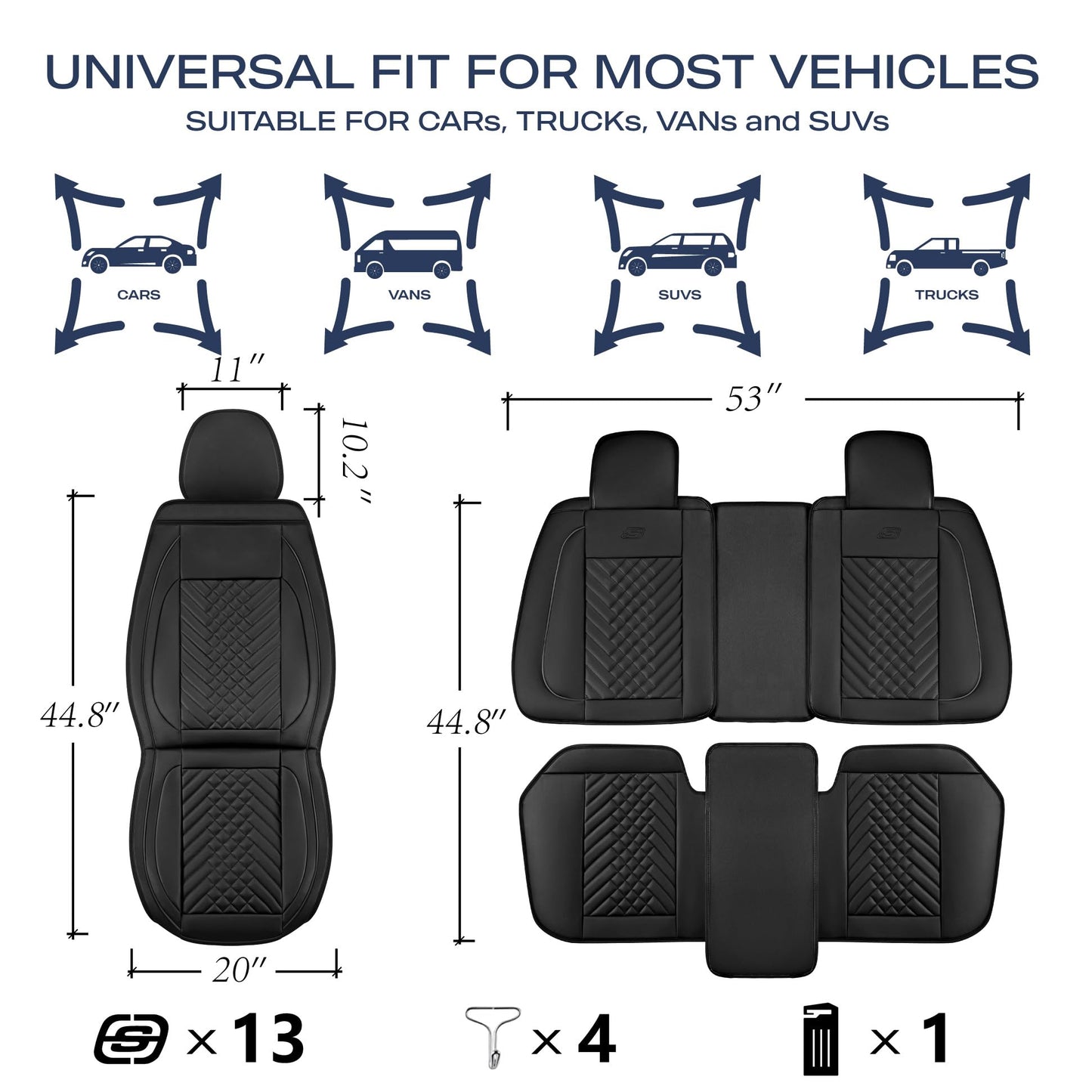 Skechers Car Seat Covers,MAX Cushioning Memory Foam Piping Leather Seat Covers,Waterproof Car Seat Protector Full Set,Car Seat Cushion Airbag Universal Fit for Most Cars,Vans,Trucks,SUV,Black