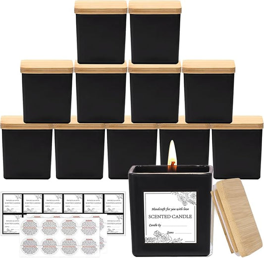 CONNOO 12 Pack 9 OZ Matte Black Square Candle Jars for Making Candles, Thick Glass Bulk Empty Candle Containers with Airtight Bamboo Lids for Candle Making, Sticky Warning Labels - Dishwasher Safe
