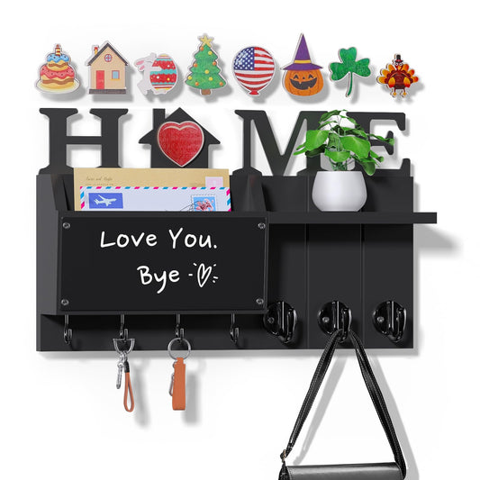 Key Holder Wall Mount Decorative - Hanging Mail Organizer for Wall with Message Center - Wood Key Shelf Rack with 7 Hooks for Dog Leash Wallet - Modern Keys Hanger for Entryway Home Decor Black