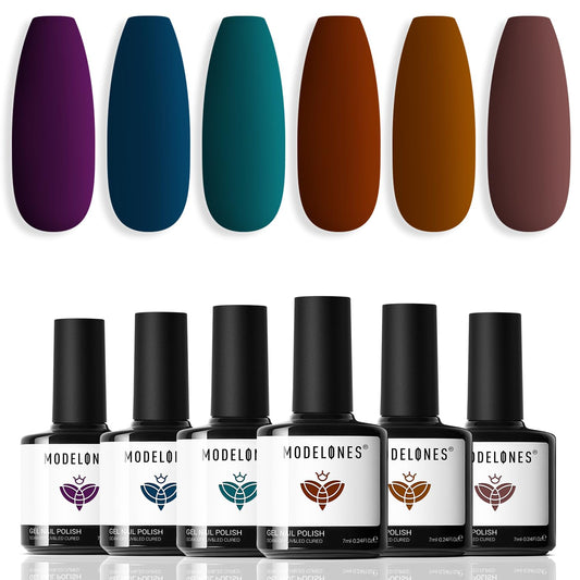 modelones Gel Nail Polish Set 6 Dark Colors, Morandi Shades Wine Purple Prussian Blue Brown Gel Polish High Pigmented Nail Art Kit Soak Off Manicure at Home DIY Women Girl Gift