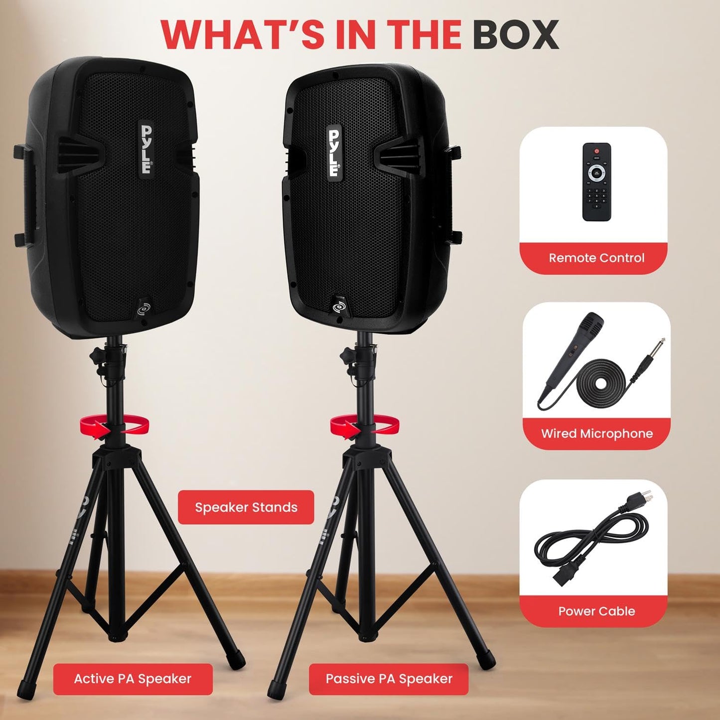 Pyle Powered PA Speaker System Active & Passive Bluetooth Loudspeakers Kit with 8 Inch Speakers, Wired Microphone, MP3/USB/SD/AUX Readers, Speaker Stands- PYLE PPHP849KT.5,Black