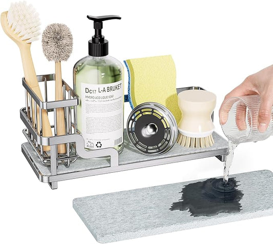 Consumest Sponge Holder for Kitchen Sink - Sink Caddy Organizer with Water Absorbing Stone Tray, Detachable Brush Holder, Stainless Steel Kitchen Counter Organizer Rack, Silver