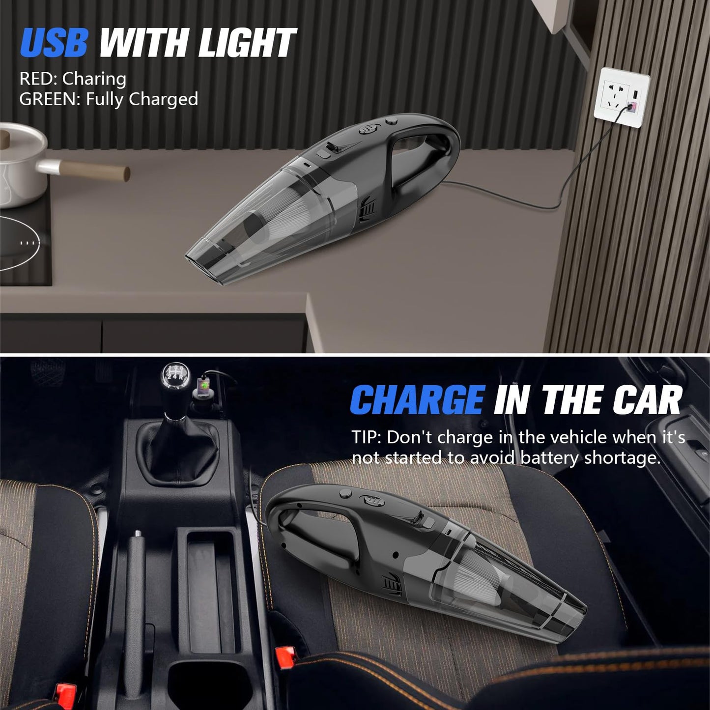 BSRCO Handheld Vacuum Cordless Rechargeable, Car Vacuum Cleaner with LED, USB Charge, 1.65LBs Hand Vacuum Cordless, for Car/Home/Pet