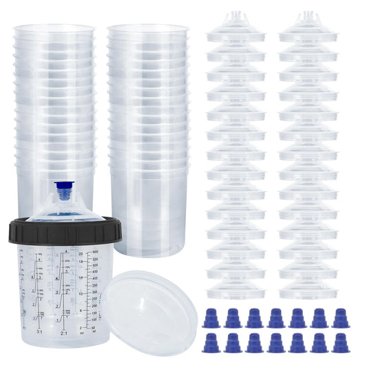 JOYFUL&HOPEFUL Disposable Paint Spray Gun Liners and Lids,20 Ounce (600ml) 30 Pack Kit - 30 Liners, 30 Lids with 125-Micron Strainer, 1 Hard Cup with Retainer Ring, 15 Plugs